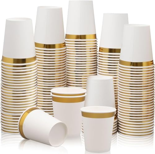 200 Pack Gold Rimmed Paper Cups Bulk 9oz Disposable Party Cups Drinking Cups for Tea Coffee Water Milk Juice Paper Cup Party Wedding Birthday Drinking Cup Party Tableware Supplies