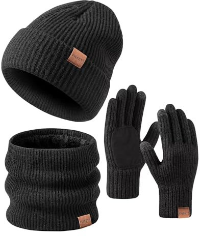 FISFET Mütze, Schal & Handschuh-Sets für Herren Damen, Strick Gefüttert Beanie Mütze Winter Touchscreen Handschuhe Schal Wärmer für Kaltes Wetter 3-in-1 Geschenkset für den Winter(Kohlen Schwarz)