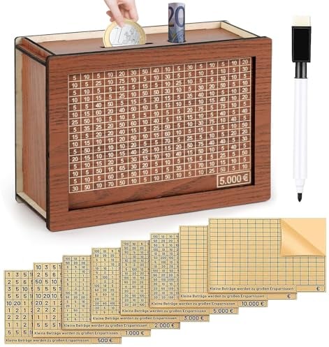 Spardose aus Holz mit 1 wasserlöslicher Stift und 8 Aufklebern(500€-10000€), Retro Sparbüchse Aufbewahrungsbox, Wiederverwendbare Spardose mit Sparziel und Zahlen zum ankreuzen (5000€ +8 Aufkleber)