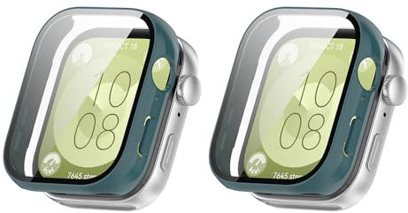 QINOUK Cover Rigida per Huawei Watch Fit 3 con Vetro Temperato, [2-Pack] Cover Protettiva Antigraffio Case Compatibile con Huawei Watch Fit 3-Verde