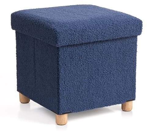 BRIAN & DANY Sitzhocker mit Stauraum, Teddy Fleece Fußhocker mit Holzfüßen, Fußhocker mit Stauraum, Sitzhocker für Wohnzimmer, Schlafzimmer, Blau, 38 x 38 x 38 cm