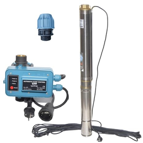 PAG Turbo GmbH - Hochwertige Tiefbrunnenpumpe sandverträglich bis 5% 3000 bis 6000L/h - Druck 6-7,7bar mit Pumpensteuerung und Klemmfitting für PE-Rohr (3SDM24 + PC-20P + Kemmfittig)