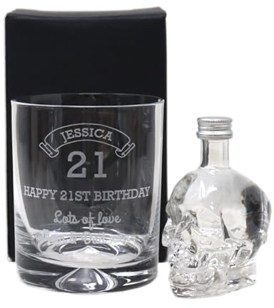 Regalo Personalised Engraved Birthday Age Glass Tumbler & Miniature Bottle of Vodka Gift Set | 21st Glass | Son's 18th | Dad's 50th | (Skull Vodka/Cardboard Gift Box)