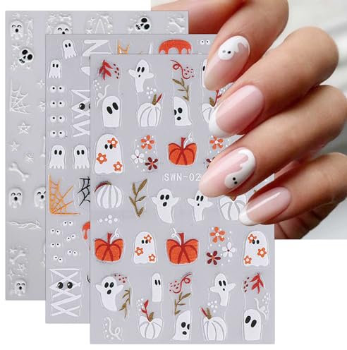 JMEOWIO 6 Sheets Halloween Nail Art Stickers Decals Self-Adhesive Cute Flower Ghost Pumpkin Nail Supplies Nail Art Design Decoration Accessories