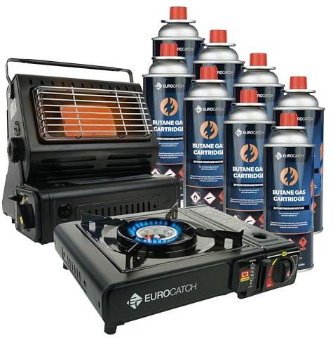 Eurocatch Gas Cooker & Heater - incl. 8 Gas Bottles - Gas Stove - Camping Cooker - Gas Burner - Gas hob - Gas Cooker
