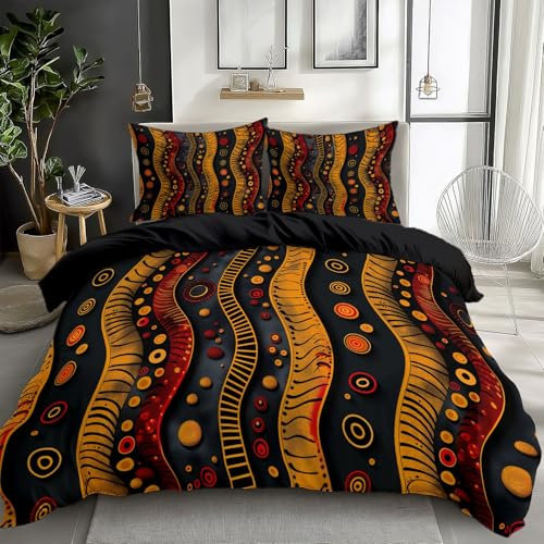 Quixora Bettwäsche Afrikanische Stammeskreise Linien Muster 155 x 220 cm Wendebettwäsche aus Mikrofaser für Mädchen und Damen, Schwarz, Mit 80x80 cm Kissenbezug und Reißverschluss