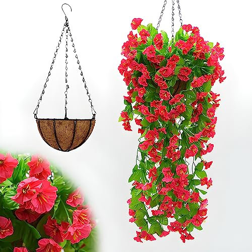 Künstliche Morning Glory Blumenampel mit Kokosnuss-Auskleidung für den Außenbereich, Gefälschte Hängeampel Pflanze für Garten Wand Zaun Hochzeit Balkon Outdoor Indoor Tür Dekorationen Rot
