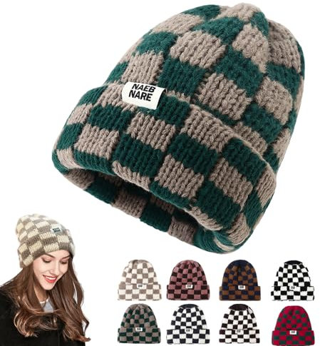 Unisex Mütze Damen Winter Herren Beanie Wintermütze Damen Karierte Mütze Damen Strickmütze Thermo Strickmütze Laufmützen Wintermütze Weich Slouch Kint Hat Cap Für Herren Damen (Acryl, Grün1)