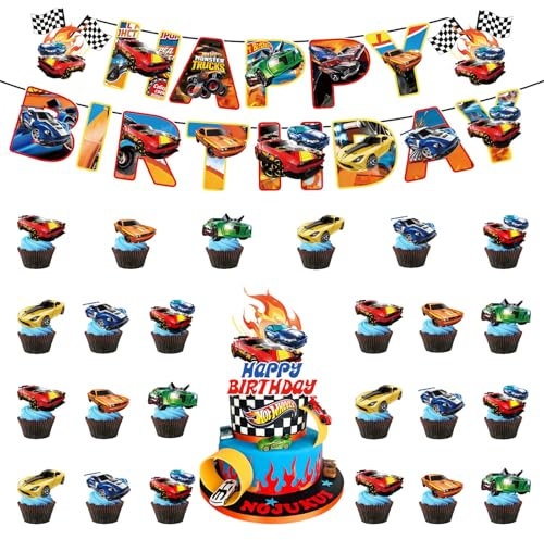 26 Stück Hot Wh-els Tortendeko Jungen, Hot Whels Kuchen Deko Kindergeburtstag, Happy Birthday Banner, Rennwagen Tortendeko, Cupcake Topper, Happy Birthday Topper für Kinder Geburtstag Party