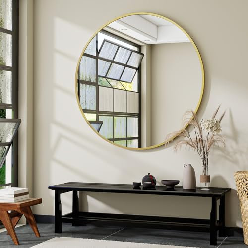 Koonmi 106 cm großer Spiegel Rund Gold, Runder Spiegel Wandspiegel mit Rahmen aus Aluminiumlegierung für Badezimmer, Waschtisch, Wohnzimmer, Schlafzimmer, Eingangsbereich Wanddekoration