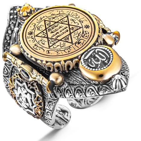 TAKILINGO Protection Amulet Seven Archangels Ring in 925 Sterling Silver - Seal of Solomon Tetragrammaton Adjustable Thumb Islamic Ring for Men