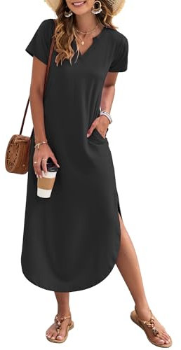 AUSELILY Women's Summer Casual Maxi Dress Short Sleeves V Neck Loose Sundress Split Long Beach Shirt Dress Vacation Black M