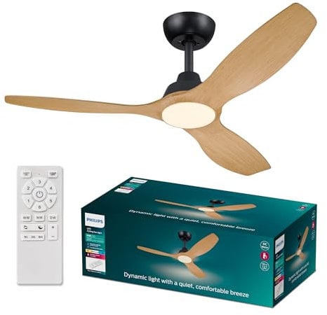 Philips Olas Deckenventilator, 3 Flügel, 132cm ⌀, 24 W LED-Licht, Gleichstrommotor, Farbtemperaturbereich (3000K-4300K-6500K), dimmbarer, Fernbedienung inkl., schwarz-Holz