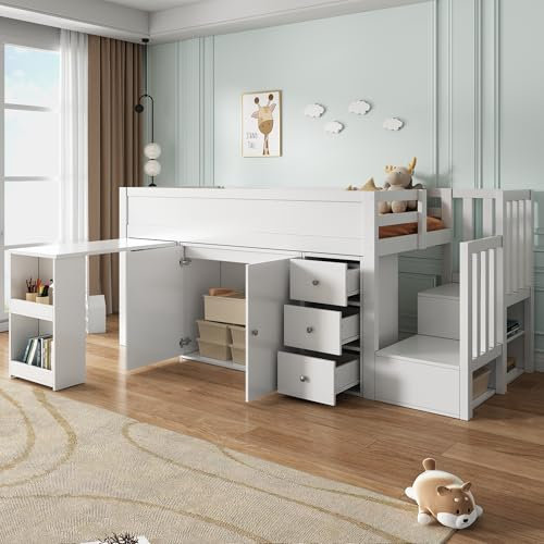 Hochbett Kinderbett 90×200cm mit Ausziehbare Schreibtisch und Seitlichem Ablagefach, Holzbett Einzelbett Funktionsbett mit Treppe, Schublade, Schrank, Lattenrost und Rausfallschutz für Kinder, Weiß