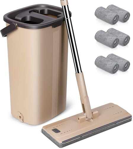 MASTERTOP Juego de Fregona y Cubo, Fregona Plana Cubo con 6 Paños de Microfibra, para Limpiar Suelos de Madera, Laminados, Azulejos y Mármol (Beige)