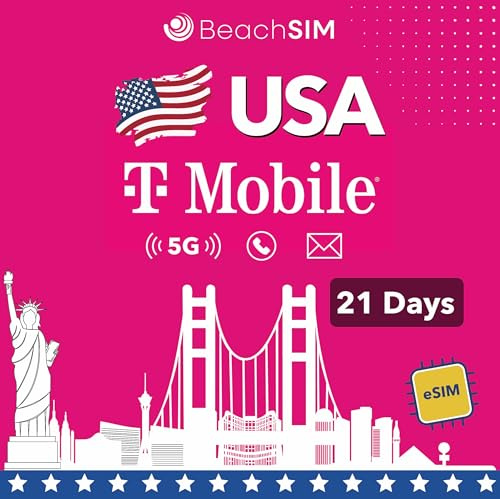 BeachSIM USA eSIM 21 Tage. Unbegrenztes Datenvolumen, Ortsgespräche und SMS im T-Mobile Netz. Schnelle Aktivierung. Einfaches Aufladen. Funktioniert mit eSIM-kompatiblen Geräten.