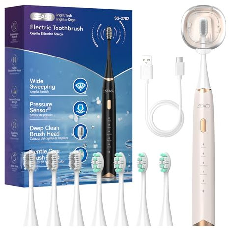 Seago Elektrische Zahnbürste mit Drucksensor, Ultraschallzahnbürsten und Zahnbürstenhalter, 2-Min-Timer, 5 Modi, 8 Bürstenköpfen, USB-C-Schnellladung, Aufhellung Der Zähne In 7 Tage, SG-2782(Beige)