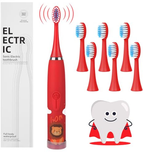 Vicloon Kids Electric Toothbrush,Rechargeable Childrens Electric Toothbrush with 6 Replaceable Brush Heads,Timer 4 Modes,18000 Strokes,Ipx7 Waterproof,Soft Bristles,Gentle on Teeth & Gums(Red)