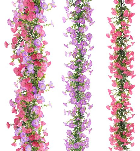 XIAQICA 2 Pezzi Ghirlanda Fiori Finti 180cm Gloria Mattutina Fiori Finti da Esterno Sospeso Piante Rampicanti Finte per Matrimonio Giardino Parete Balcone Viola Rosso (Rosa e Viola)