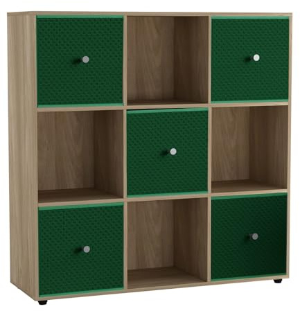URBNLIVING 9 Cube Storage Unit with 5 Foldable Fabric Drawers, Wooden Freestanding Bookcase Shelf Organiser, Modern Cube Shelving for Bedroom, Office, Living Room, Toys, Clothes & Books
