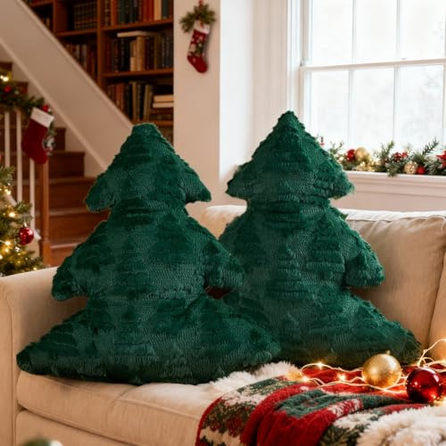 Lanpn Set di 2 Pezzi Cuscino Natalizio, Cuscino Albero di Natale Cuscini Decorativo Natalizio Cuscinis decorativo invernale per Regalo Party Divano Letto Decorazioni natalizia (Verde, 40,5x45,5cm)