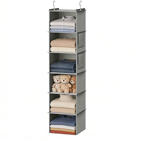 Hängeregal mit 6 Fächern Stabiler Schrankorganizer und Ordnungssystem | für optimale Hängeaufbewahrung, mit MDF-Platten und Bambus-Stock für Kleiderschrank, Garderobe