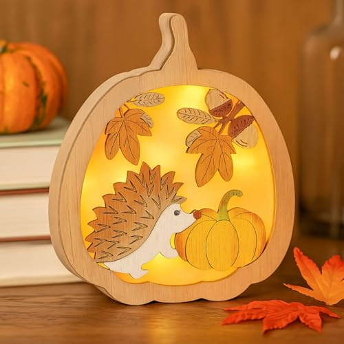 Herbstdeko Kürbis Igel Deko, 3D Holz LED Kürbis Stimmungsleuchten (B) | Thanksgiving Deko, Windlicht Herbst Autumn Decor Mit Warmem LED-Licht, Geschenk Für Thanksgiving Erntedank