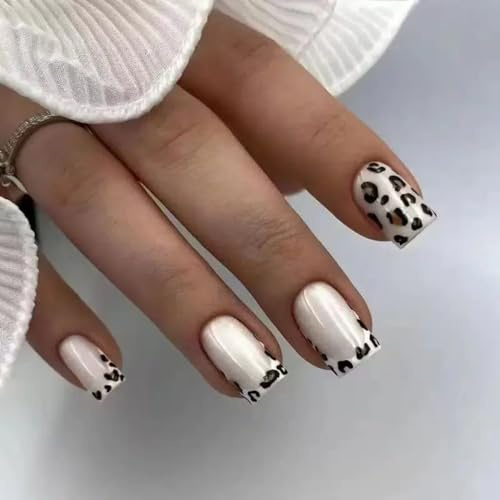 Xonojun Faux Ongles French Tip Blanc Aurora Léopard