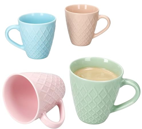 MamboCat Pastelli 4tlg Set Kaffeebecher I 290 ml I Pastellfarben I Keramik Becher in Rosa, Blau, Mint & Aprikot mit Waffel-Muster I für Tee, Kakao, Kaffee, Latte Macchiato, etc.