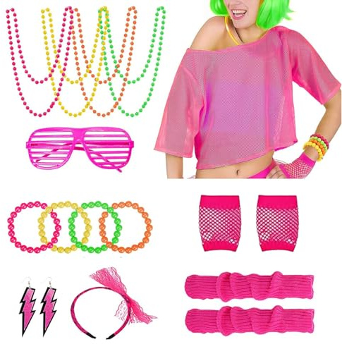 80 90er Jahre Neon Fischnetz Accessoires Set, Party Komplettset Mit Haarreif, Beinstulpen, Armreifen, Brille, Halskette, Ohrringen Für Mottoparty, Karneval, Fasching Und Retro Kostüm Outfit