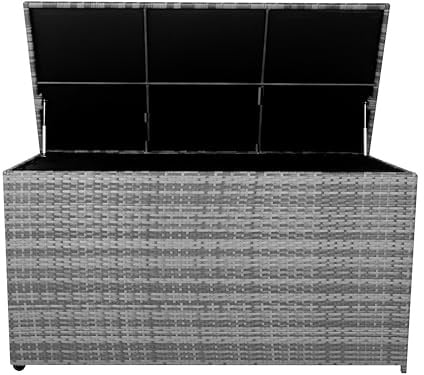 Rattan Garden Storage Box 700L Grey Water Resistant Zipped Lining Cover Cushion Blanket Tools Toys Furniture Large Chest Outdoor Patio Deck Steel Frame Weather Resistant Gas Lift Lid Portable Wheels