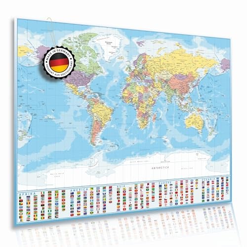 Weltkarte Poster XXL politische Landkarte mit Länderflaggen 120x84 cm | Übersichtliche politische Weltkarte mit geordneten Länderflaggen für Kinderzimmer Klassenzimmer Büro und Wohnzimmer