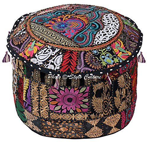 Stylo Culture Baumwoll Patchwork gestickter osmanischer Hocker-Hülsen-Abdeckung Schwarzer Blumenotooman-Möbel