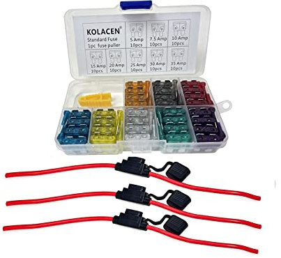 KOLACEN Kit assortiment de fusibles à lame standard pour voiture automobile 81 pièces + 3 pièces Porte-fusible standard 12 AWG en ligne