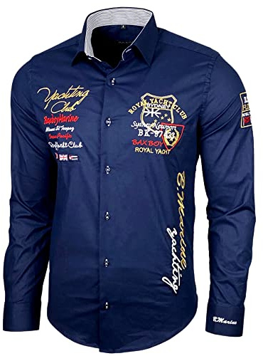 Baxboy Chemise élastique, coupe slim, pour loisirs, affaires, mariage, couleur pure, col Kent,à manches longues, contraste, pour homme, B-508, Marine, M