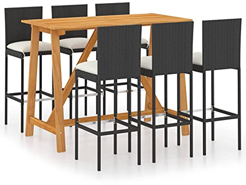 vidaXL Gartenbar Set 7-TLG. mit Kissen Theke Bar Tresen Gartentheke Bartisch Barhocker Barstuhl Stehtisch Gartenmöbel Gartenset Schwarz