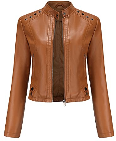 YYNUDA Veste Cuir Courte Moto Blouson à Rivet pour Femme Bomber Col Montant Jacket Similicuir Aviateur Printemps/Automne,Chameau M