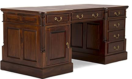 Woodkings® Schreibtisch Partnerdesk Cambridge 160x80 cm Massivholz kolonialbraun mit Echtleder - Einlage braun, Arbeitstisch, Bürotisch Computertisch, Doppel-Schreibtisch, Cheftisch