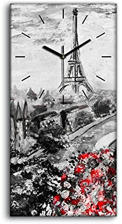 Coloray Uhr auf Leinwand - Schwarze Hände - Kunst Segeltuch Wohnzimmer Dekoration Ohne Tickendes Geräusc Wand Uhr - Paris Frankreich Eiffel Blume