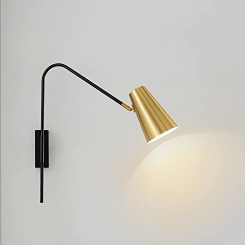 Retro Wandleuchte Schlafzimmer Nachttisch Wandlampe mit Schalter,350°Verstellbar Drehgelenk Schwarz Metall Langer Arm Wand-Leselampe,mit Gold LampShadeInnen Lampe E27,für Flur Schlafzimmer Wohnzimmer
