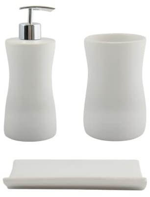 MSV Bad Accessoires Keramik 3-teilig - Seifenspender, Seifenschale, Zahnputzbecher Palma Weiß