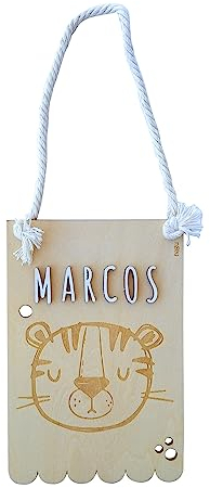 nagu® Regalo Bebe - Banderín De Madera Con Nombres De Madera Personalizados, Letras Decorativas con Animales Tiernos, Ideal Para Puerta O Pared, Envoltorio Kraft, Perfecto Para Bautizo. Tigre