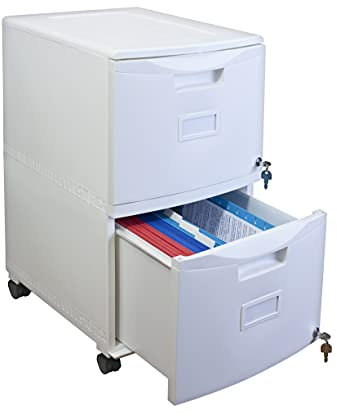 Storex Kunststoff-Aktenschrank mit zwei Schubladen, mobiler Aktenschrank, abschließbarer Dokumenten-Organizer mit Rollen für Zuhause und Büro, weiß, 1er Pack (61316A01C)