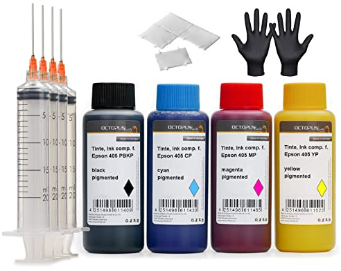 Octopus Fluids Tintenset kompatibel mit Epson 405, 4 x 250 ml | Für Epson WF-3820, WF-4820, WF-7830, WF-3825, WF-3830, zum Nachfüllen passender Patronen und Tintentanks