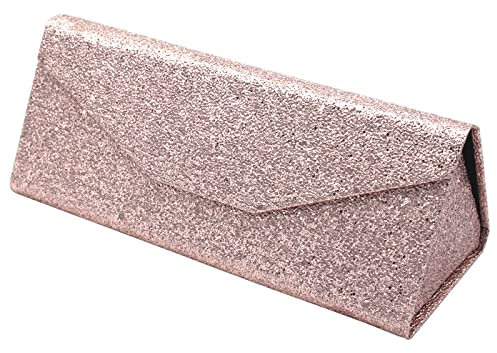 TBOC Faltbar Brillenetui für Sonnenbrille - [Rosa Glitzer] Hartschale [Dreieckige] Tasche mit [Magnetverschluss] Innenfutter für Lesebrille Groß Modern Leicht Design Tasche Damen Herren Kind