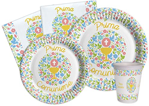 Kit Party Tavola Prima Comunione per 24 persone (112 pezzi: 24 piatti Ø23cm, 24 piatti Ø18cm, 24 bicchieri 200ml, 40 tovaglioli 33x33cm) in carta compostabile eco-friendly