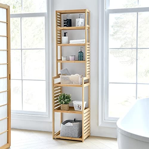 [en.casa] Mueble Columna de Baño Armario Alto de 7 Niveles de Differentes Tamaños Estantería de Pie para Cocina Sala Bambú 165 x 42 x 28 cm Natural