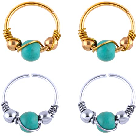 Lieson 4 Stück Nasenring Edelstahl 20G Nasenpiercing Hoop Creolen Mit Türkis und Perle Piercing Septum Knorpel Tragus Helix Ohrringe Gold Silber
