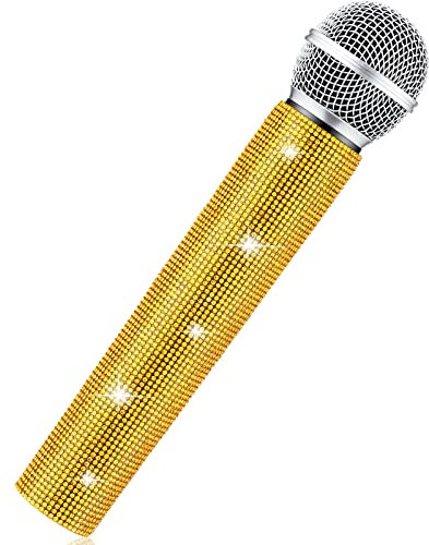 Sanwuta Fake Microphone Prop Sparkly Bling Rhinestones Plastic Play Microphone Pretend Glitter Bedazzled Mic for Cosplay Party Costume(Gold)