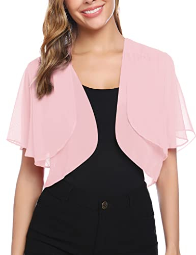 Aottori Cardigan Boléro Court Femme en Mousseline de Soie Gilet à Manches Évasées Courte Boléro Veste Elégant Chic pour Robe Bretelle Mariage Rose Clair XXL